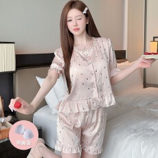 批发带胸垫冰丝睡衣女夏季甜美荷叶花边<b class='q'>短袖</b>短<b class='q'>裤</b>高级轻奢两件套家居服
