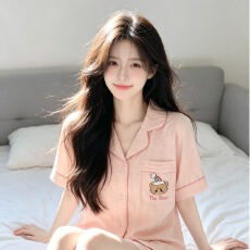 橘色万年格卡通小熊短袖短裤夏季新款休闲舒适家居服睡衣女可外穿