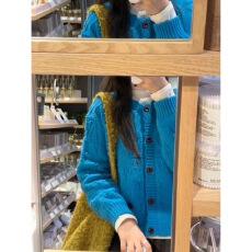 复古花边钩花蓝色针织开衫女秋冬软糯毛衣外套