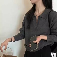 批发<b class='q'>韩版</b>黑色polo领长袖针织衫女2025秋冬慵懒风宽松休闲v领毛衣上衣