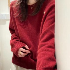 批发无缝一体纯色红色毛衫圆领<b class='q'>针织衫</b>女保暖百搭红色毛衣毛衫