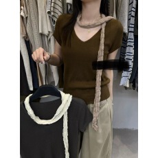 批发早秋新款修身显瘦短袖<b class='q'>针织衫</b>女修身短款上衣配丝带