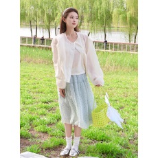 批发薄荷绿雪纺波点半身裙女夏季中裙松紧腰花苞裙微胖六分裙