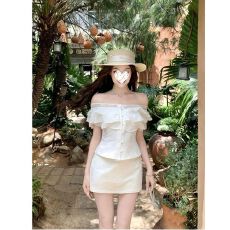 批发纯欲风一字肩设计蕾丝气质夏季少女上衣+半裙套装女