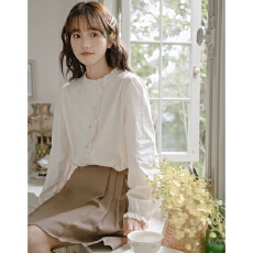 批发小清新<b class='q'>立领</b>长袖衬衫上衣女秋季新款设计感法式甜美木耳边小众衬衣