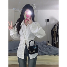 批发衬衫女<b class='q'>春</b>季2026年新款设计感高级感绑带收腰显瘦上衣白色长袖衬衣