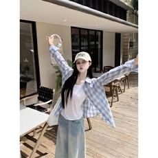 批发蓝色格子衬衫<b class='q'>外套女</b>秋季新款法式慵懒风气质衬衣设计感别致长袖潮