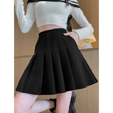 批发灰色口袋<b class='q'>百褶</b>裙女高腰短裙显瘦黑色a字百搭秋冬毛呢<b class='q'>半身裙</b>小裙子