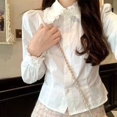 批发法式减龄娃娃领白衬衫女<b class='q'>春</b>秋新款学院风甜美气质收腰显瘦打底衬衣