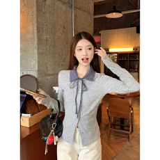 批发高级设计感格纹拼接polo领系带长袖女韩系立体纽扣针织衫外套上衣