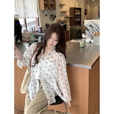 批发蝴蝶结印花外穿长袖<b class='q'>衬衫</b>女夏季2026新款韩版宽松薄款防晒外套上衣