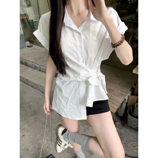 批发气质收腰绑带短袖POLO领<b class='q'>衬衫</b>女装2026夏季显瘦中<b class='q'>长款</b>法式白色上衣