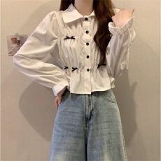 批发法式蝴蝶结泡泡袖<b class='q'>衬衫</b>女高级设计感小众秋季甜美别致韩系短款上衣