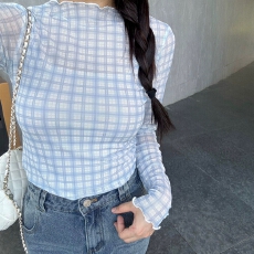批发北岛AMUU***蓝格花边薄款长袖t恤女26秋季新款修身内搭上衣
