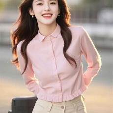 批发春秋独特甜辣妹粉色长袖衬衫女设计感小众木耳边高腰短款绝美上衣