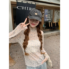 批发高领蓝色碎花长袖T恤女秋季韩系甜美木耳边百搭微透打底衫上衣