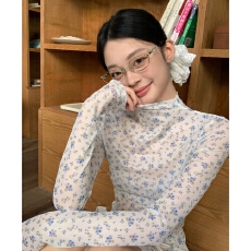 批发高领蓝色碎花长袖T恤女秋季韩系甜美木耳边百搭微透打底衫上衣