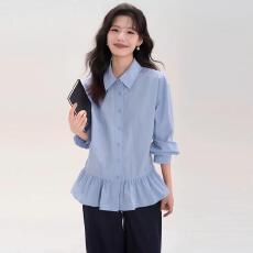 批发花田橱窗HTmeme 日常日记簿~通勤翻领裙摆衬衫女韩系气质衬衣上衣