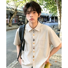 批发日系趣味猫咪刺绣短袖POLO<b class='q'>衫</b>女夏季宽松bf慵懒风<b class='q'>情侣</b><b class='q'>百搭</b>条纹衬<b class='q'>衫</b>