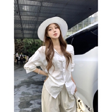 批发韩系白色翻领长袖衬衫<b class='q'>外套女</b>夏季薄款防晒衬衣宽松百搭慵懒风上衣