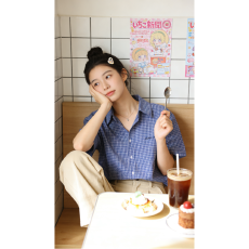 批发复古蓝色格子刺绣短袖衬衫<b class='q'>女装</b>夏季美式潮牌衬衣宽松半袖外套ins