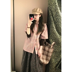 批发美式格纹泡泡纱短袖T恤<b class='q'>衬衫</b><b class='q'>男</b>女夏季薄款设计感半袖宽松<b class='q'>衬衣</b>外套