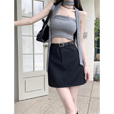 批发美式高校辣妹修身<b class='q'>西装</b>半身裙复古设计感显瘦高腰A字百褶裙配腰带