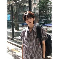 批发韩国 cleanfit棕色格纹老钱挽袖美式复古刺绣夏季短袖<b class='q'>衬衫</b>T恤上衣