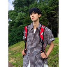 批发韩国 cleanfit棕色格纹老钱挽袖美式复古刺绣夏季短袖<b class='q'>衬衫</b>T恤上衣
