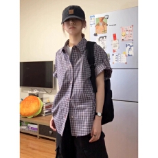 批发美式复古格子短袖<b class='q'>衬衫</b>女2026夏季新款宽松休闲慵懒风百搭<b class='q'>衬衣</b>上衣