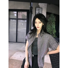 批发美式复古格子短袖<b class='q'>衬衫</b>女2026夏季新款宽松休闲慵懒风百搭<b class='q'>衬衣</b>上衣