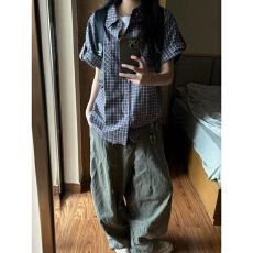 批发美式复古格子短袖<b class='q'>衬衫</b>女2026夏季新款宽松休闲慵懒风百搭<b class='q'>衬衣</b>上衣