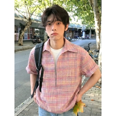 批发假两件泡泡纱翻领格子<b class='q'>衬衫</b>短袖<b class='q'>男</b>款夏少年感穿搭轻薄透气防晒<b class='q'>衬衣</b>