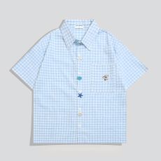 批发美式高街趣味纽扣短袖衬衫男<b class='q'>女装</b>夏季新款多巴胺学生情侣格子衬衣