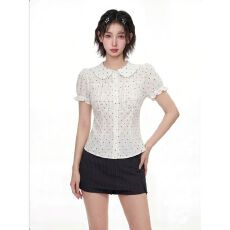 批发法式少女翻领泡泡袖波点衬衫女装夏季设计感短袖气质显瘦白色上衣
