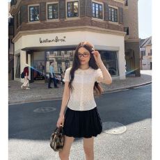 批发法式少女翻领泡泡袖波点衬衫女装夏季设计感短袖气质显瘦白色上衣