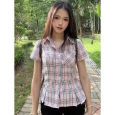 批发美式复古学院风女ins格纹polo领衬衫女夏季设计感翻领<b class='q'>修身</b>上衣服
