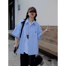 批发美式笑脸刺绣短袖衬衫女装夏季宽松古巴领条纹半袖衬衣休闲外套