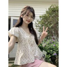 批发蕾丝边系带碎花短袖<b class='q'>衬衫</b>女2026夏季新款茶系<b class='q'>韩版</b>穿搭别致百搭上衣