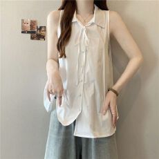 批发韩系白色无袖背心<b class='q'>衬衫</b>女装夏季设计感小众绝美<b class='q'>衬衣</b>娃娃衫气质上衣