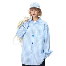 批发多巴胺趣味纽扣格子<b class='q'>衬衫</b>女<b class='q'>男</b>秋季百搭通勤<b class='q'>衬衣</b>泡泡纱休闲外套情侣