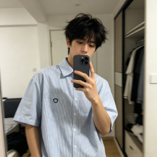 批发美式多巴胺笑脸条纹短袖衬衫男女<b class='q'>夏</b>季新款青少年百搭情侣衬衫外套