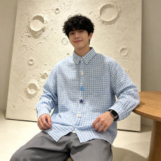 批发蓝白格星星纽扣长袖衬衫男学生<b class='q'>秋</b>季韩版宽松翻领格纹休闲衬衣外套