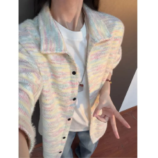 批发彩色<b class='q'>长袖</b><b class='q'>衬衫</b>女秋季小众设计感翻领<b class='q'>衬衣</b>美式复古<b class='q'>情侣</b><b class='q'>针织</b>开衫外套