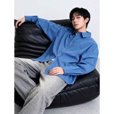 批发美式极简通勤刺绣蓝色长袖衬衫男款<b class='q'>春</b>秋季宽松休闲百搭蓝色衬衣男