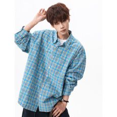 批发潮牌蓝色格纹长袖衬衫男<b class='q'>夏</b>季流苏设计感休闲衬衣高街痞帅翻领外套