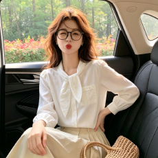 批发法式别致气质飘带白色长袖衬衫女秋季设计感小众宽松休闲衬衣上衣