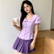 批发海盐奶盖<b class='q'>夏季</b>设计感纯欲辣妹风短袖衬衫上衣波点短裙春秋甜美套装