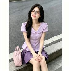 批发海盐奶盖<b class='q'>夏季</b>设计感纯欲辣妹风短袖衬衫上衣波点短裙春秋甜美套装
