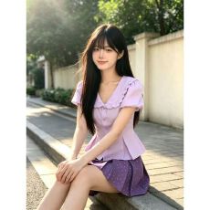 批发海盐奶盖<b class='q'>夏季</b>设计感纯欲辣妹风短袖衬衫上衣波点短裙春秋甜美套装